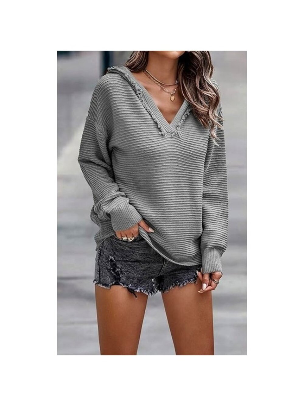 Gray Oversized Ribbed Hooded Knit Sweater Fringe Trim V Neck Loose Boho Pullover